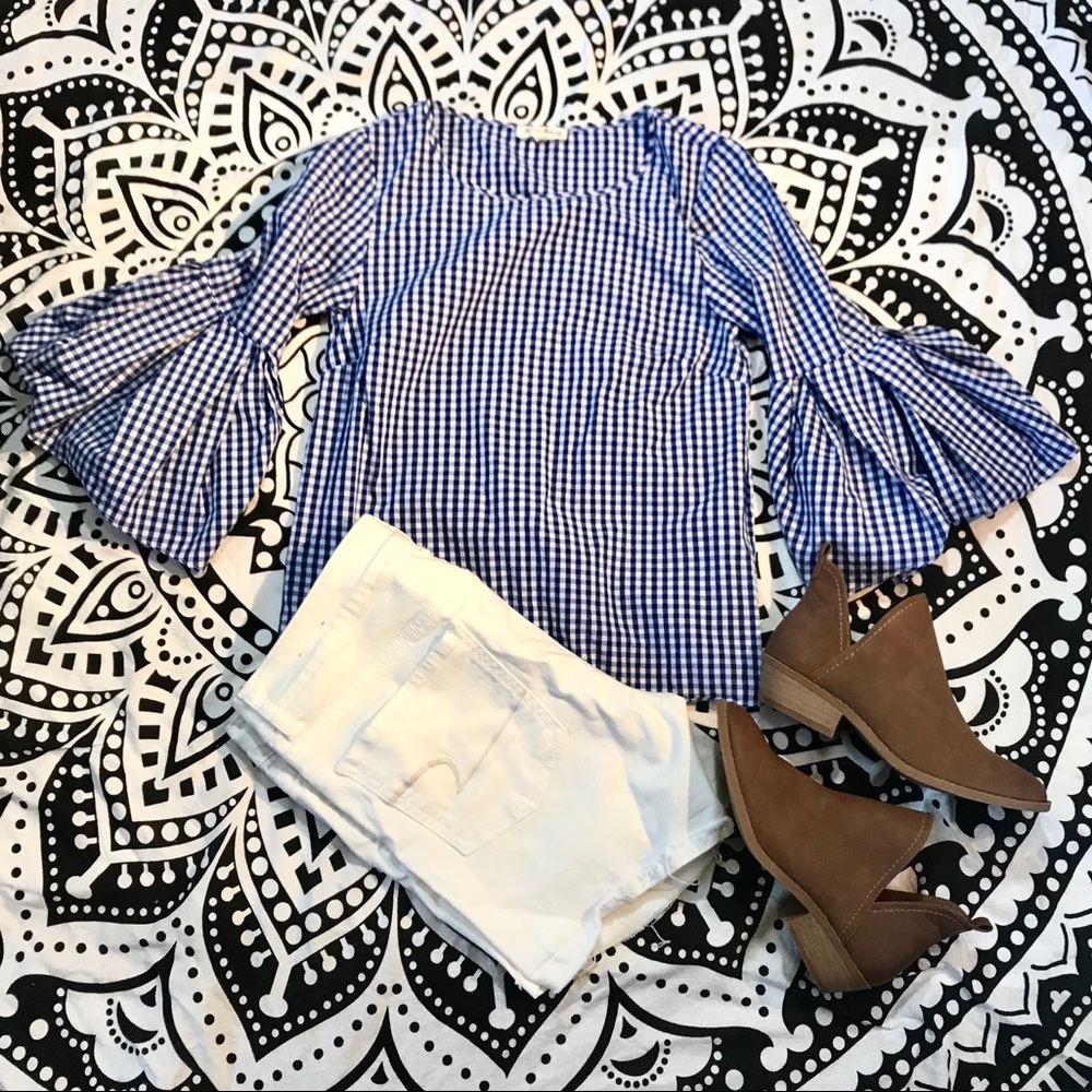 Jane and Delancey Gingham Blue Bell Sleeve Shirt